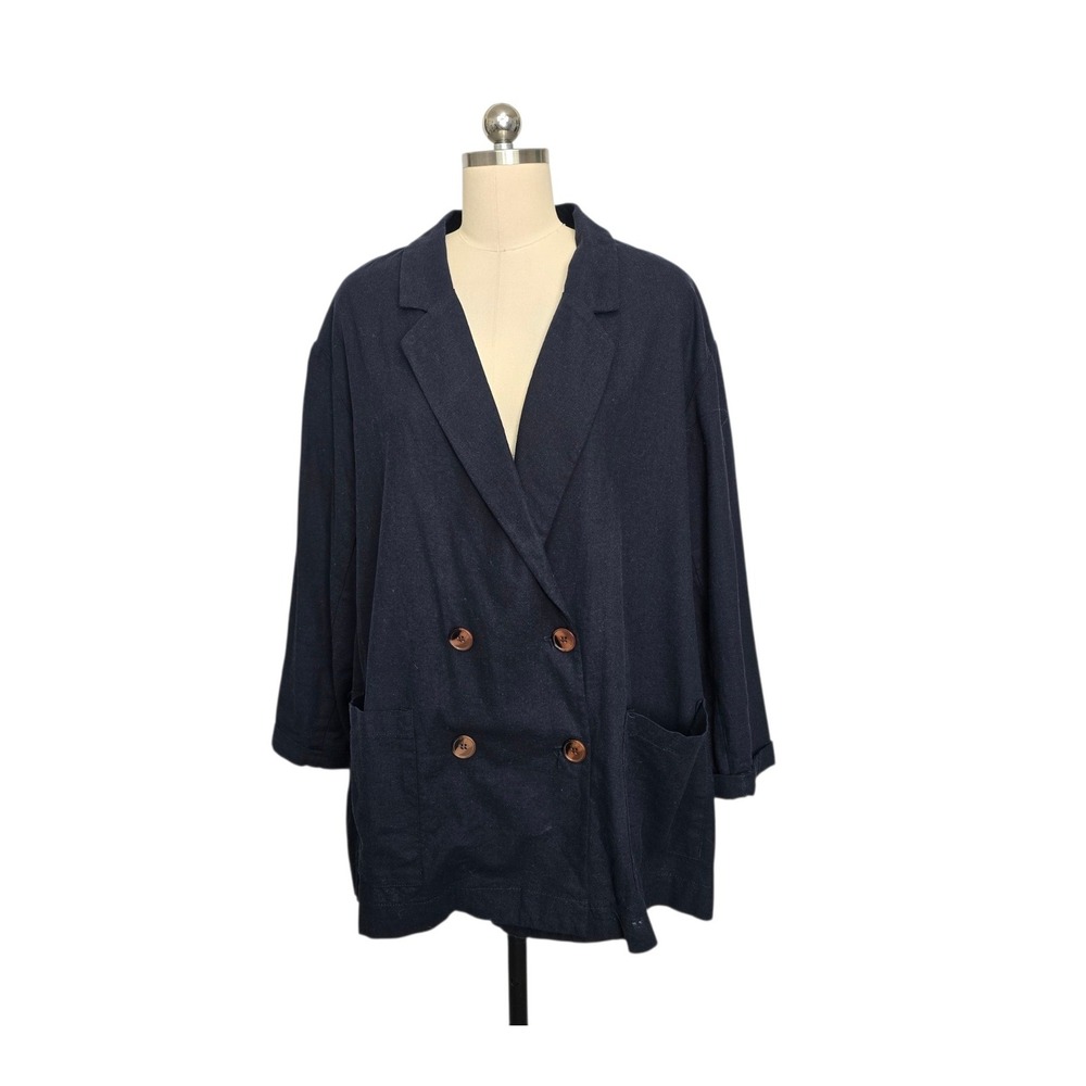 AMADI Womens Navy Blue Linen Blend Double Breasted Relaxed Blazer Jacket Large